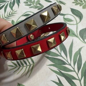 Studded Leather Bracelet Set - Red and Gray